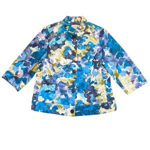 Coldwater Creek Cotton/Linen Blue Multi Abstract Floral Ruffle Neck Jacket Sz 12